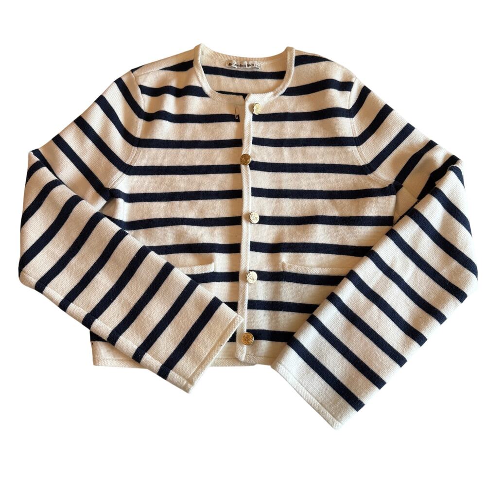 Abercrombie & Fitch LuxeLoft Crew Sweater Jacket Striped Nautical White Navy S